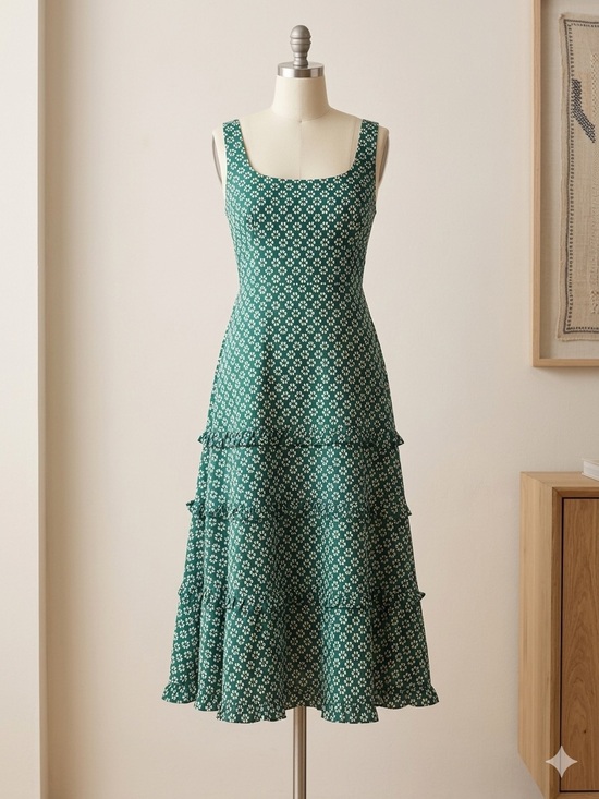 Anthropologie Dresses & Skirts - Anthropologie The Blythe Square-Neck Tiered Midi Dress Green Floral Size Large